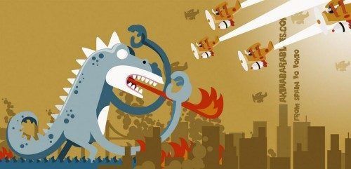 Godzi atacando una ciudad, por Roswell