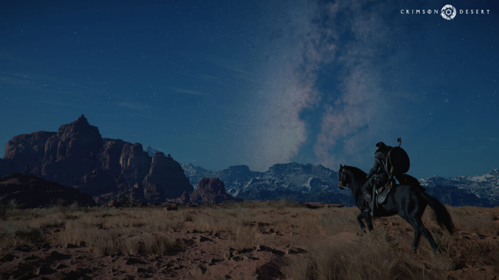 Un jinete solitario a caballo atraviesa un paisaje desértico bajo un cielo estrellado, con montañas escarpadas recortadas contra una vibrante Vía Láctea.